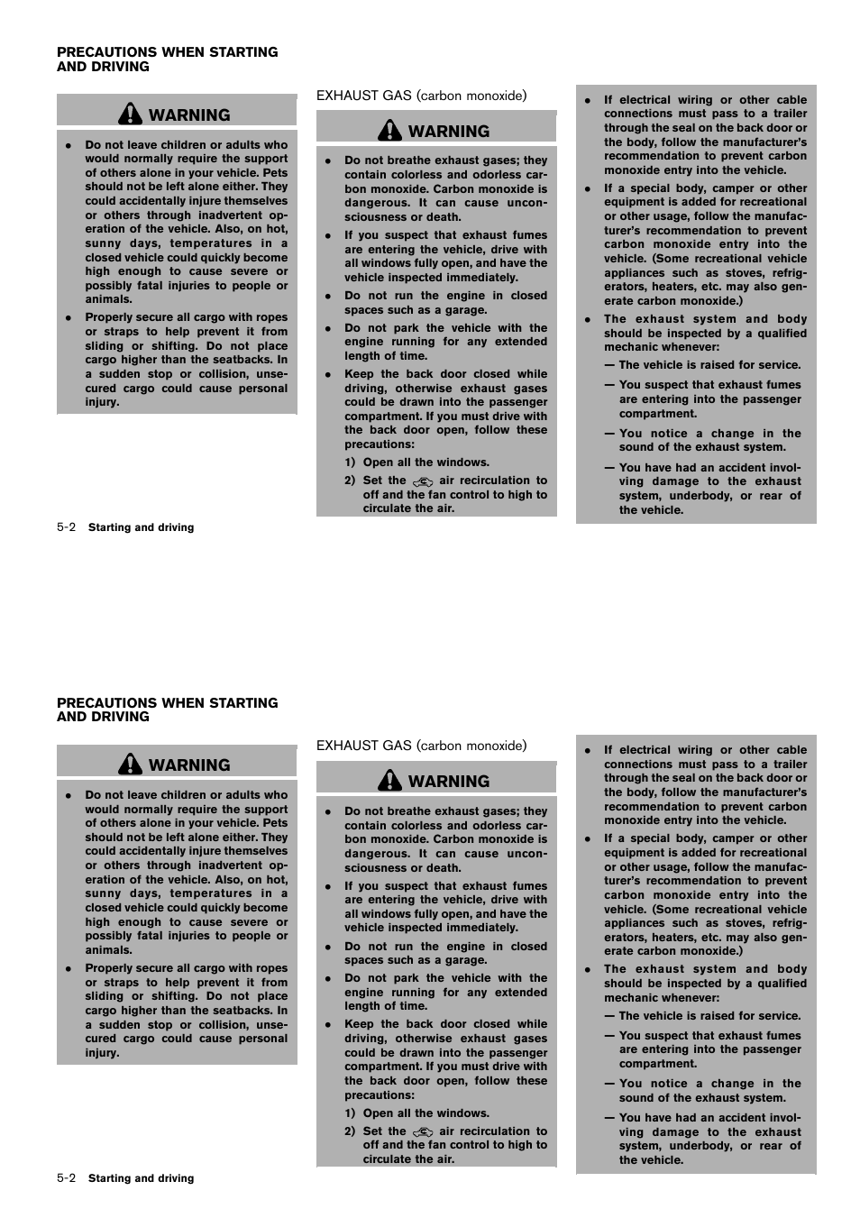Precautions when starting and driving -2, Exhaust gas (carbon monoxide) -2, Warning | NISSAN 2014 Cube - Owner's Manual User Manual | Page 207 / 332