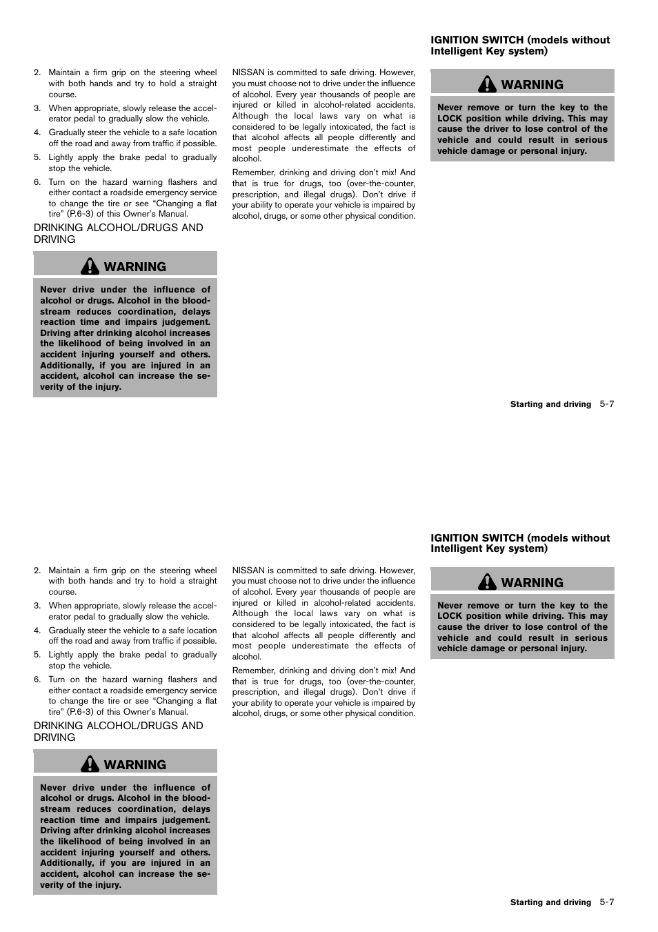 Drinking alcohol/drugs and driving -7, Warning | NISSAN 2014 Cube - Owner's Manual User Manual | Page 212 / 332