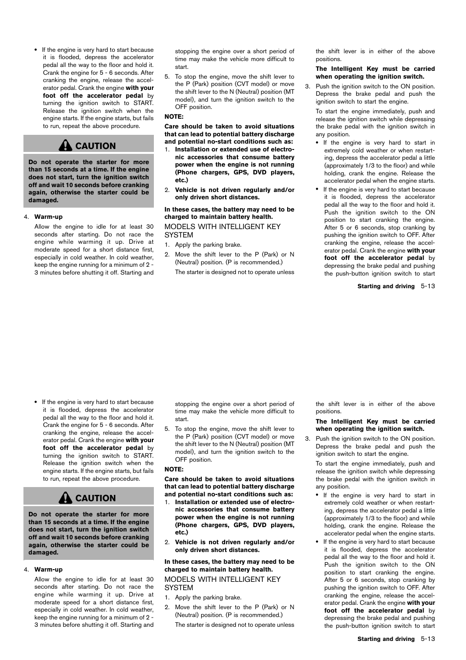 Models with intelligent key system -13, Caution | NISSAN 2014 Cube - Owner's Manual User Manual | Page 218 / 332