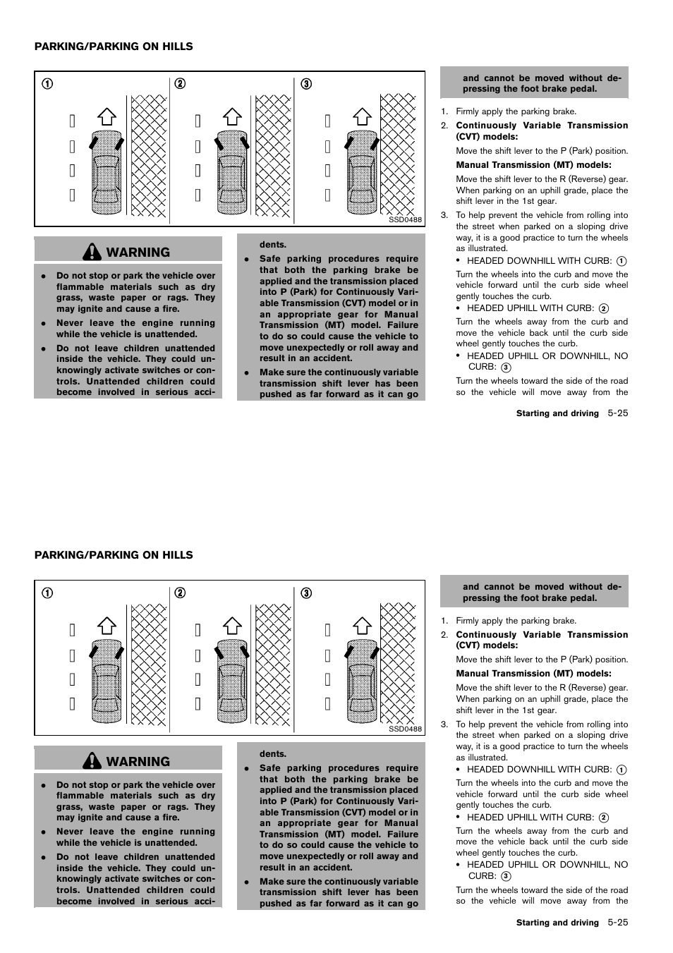Parking/parking on hills -25, Warning | NISSAN 2014 Cube - Owner's Manual User Manual | Page 230 / 332