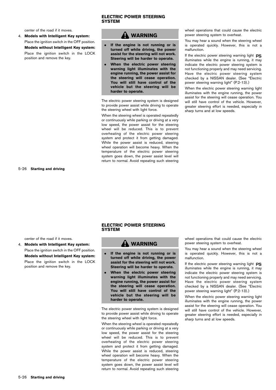 Electric power steering system -26, Warning | NISSAN 2014 Cube - Owner's Manual User Manual | Page 231 / 332