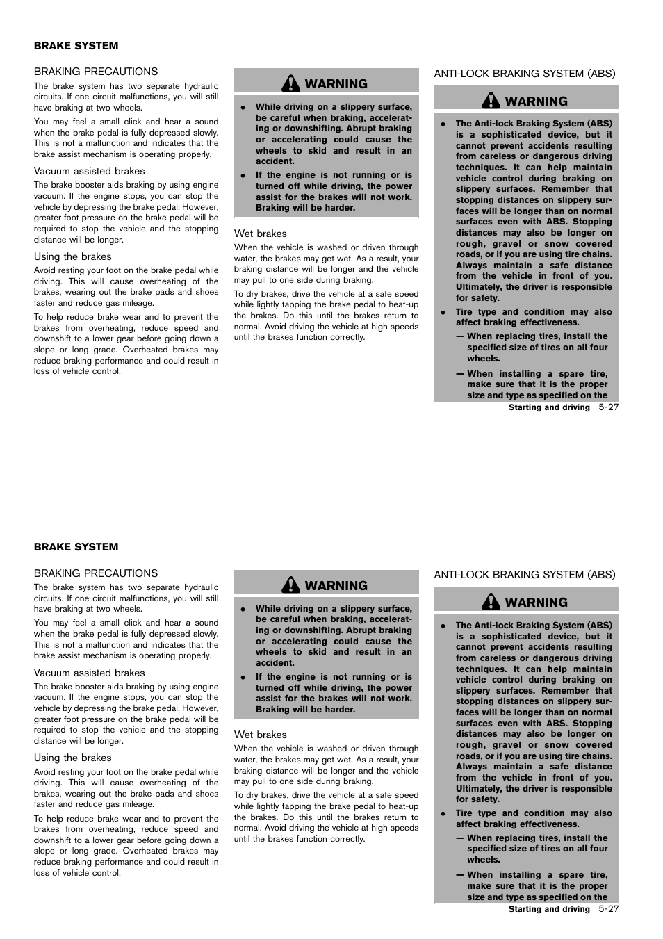 Brake system -27, Warning | NISSAN 2014 Cube - Owner's Manual User Manual | Page 232 / 332