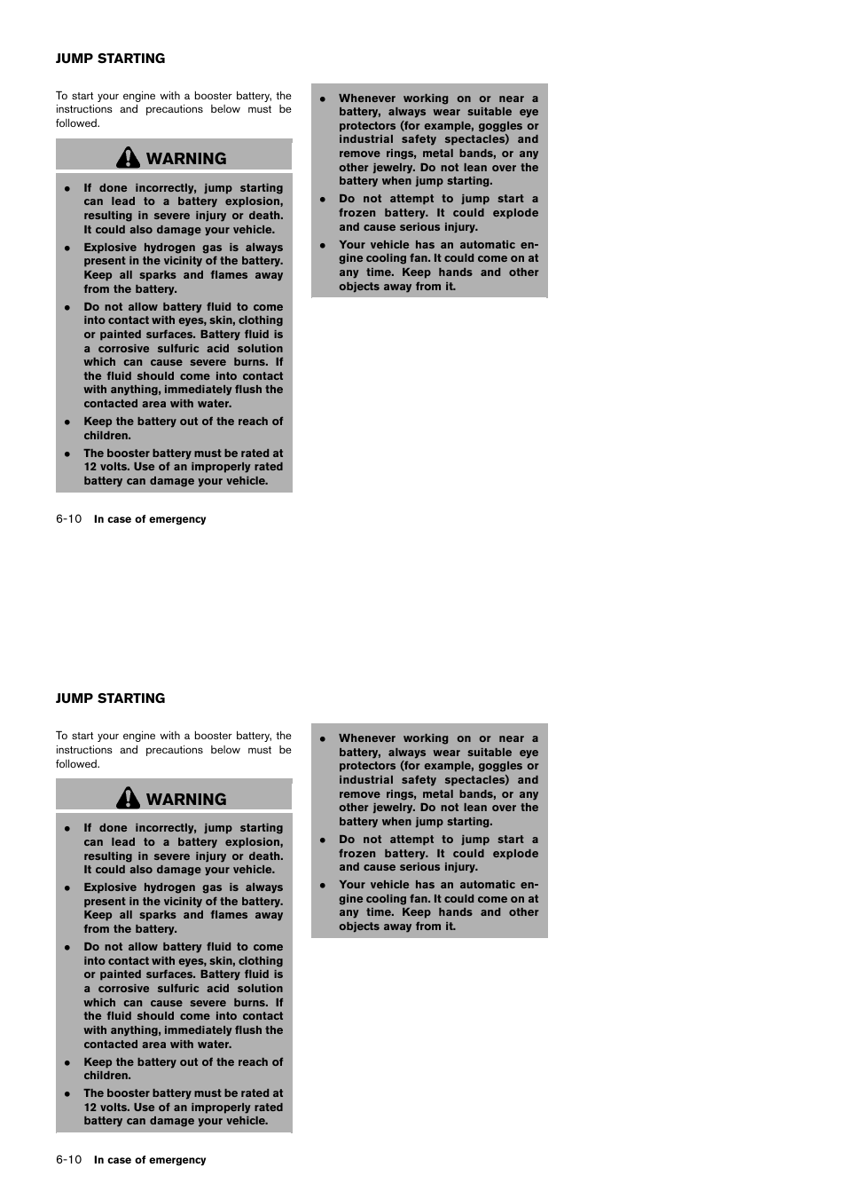 Jump starting -10, Warning | NISSAN 2014 Cube - Owner's Manual User Manual | Page 247 / 332