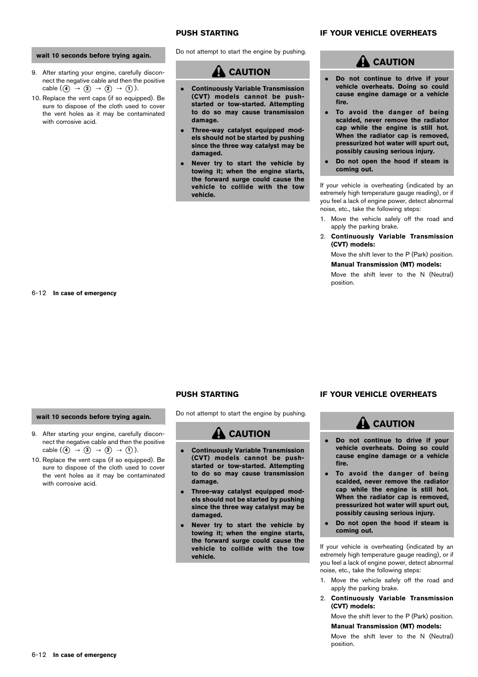 Push starting -12 if your vehicle overheats -12, Caution | NISSAN 2014 Cube - Owner's Manual User Manual | Page 249 / 332