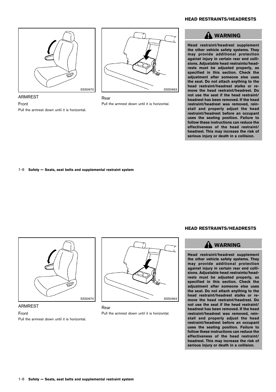 Armrest -6, Head restraints/headrests -6, Warning | NISSAN 2014 Cube - Owner's Manual User Manual | Page 25 / 332