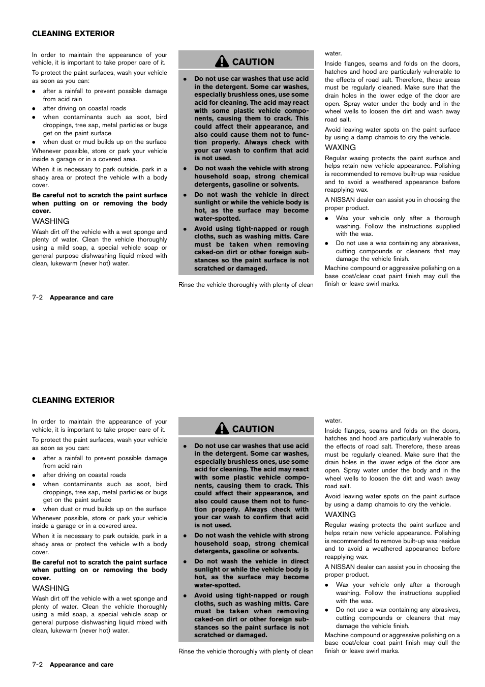 Cleaning exterior -2, Washing -2 waxing -2, Caution | NISSAN 2014 Cube - Owner's Manual User Manual | Page 257 / 332