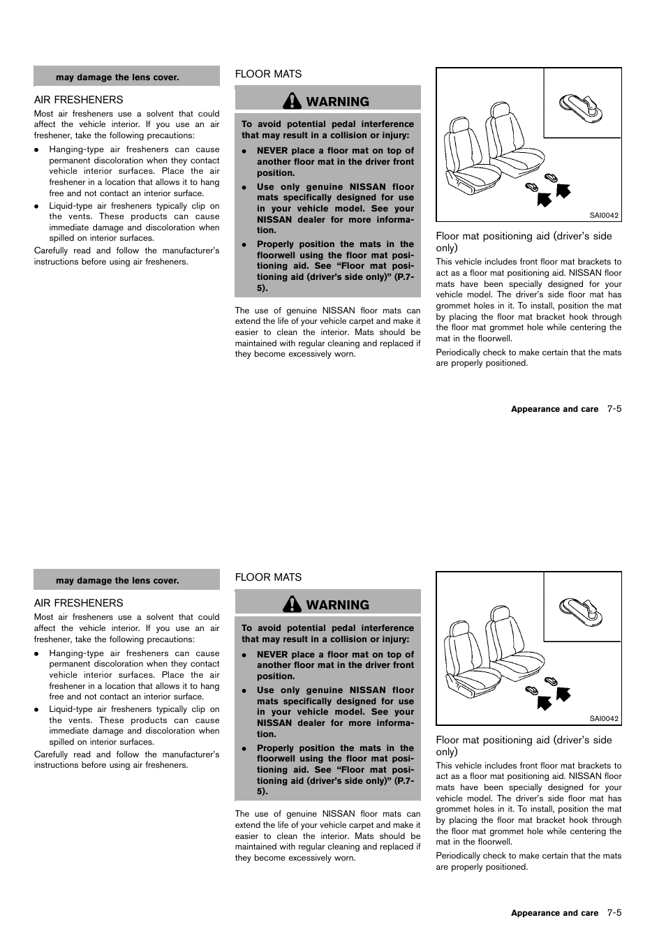 Air fresheners -5 floor mats -5, Warning | NISSAN 2014 Cube - Owner's Manual User Manual | Page 260 / 332