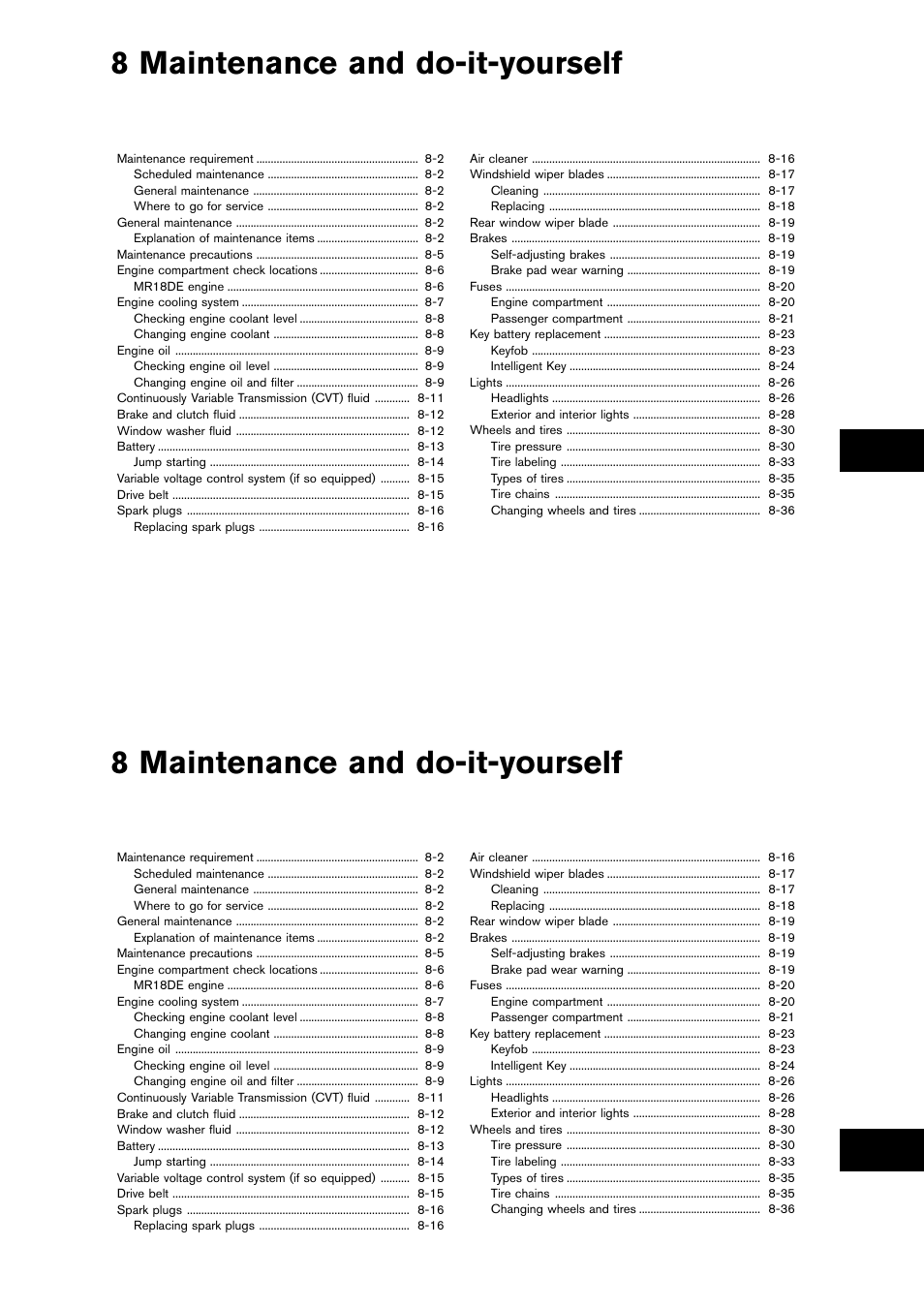 Maintenance and do-it-yourself, 8 maintenance and do-it-yourself | NISSAN 2014 Cube - Owner's Manual User Manual | Page 264 / 332