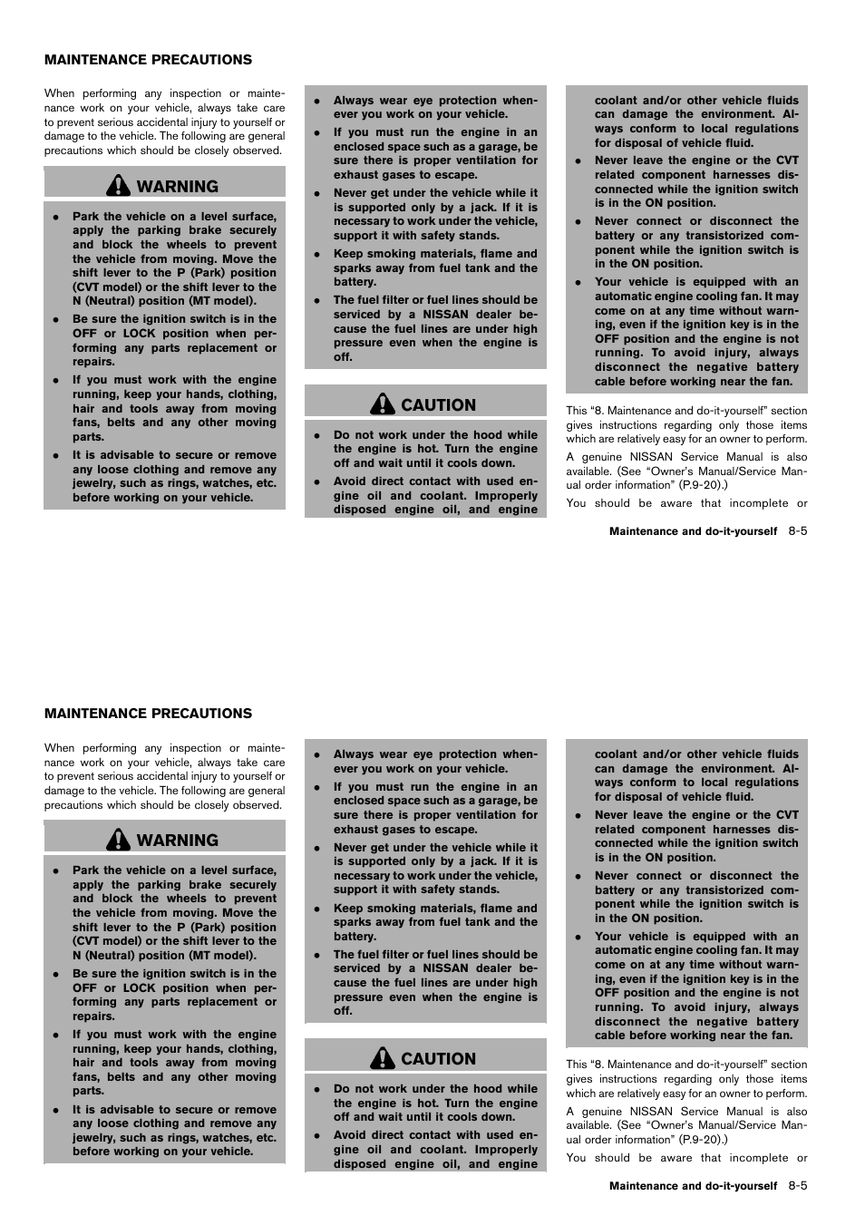 Maintenance precautions -5, Warning, Caution | NISSAN 2014 Cube - Owner's Manual User Manual | Page 268 / 332