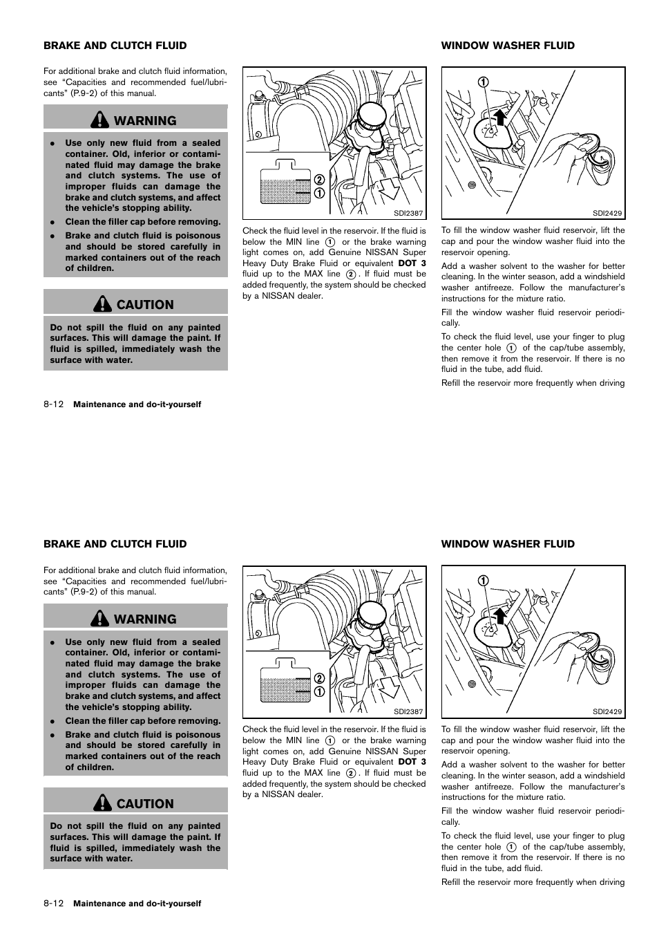 Brake and clutch fluid -12 window washer fluid -12, Warning, Caution | NISSAN 2014 Cube - Owner's Manual User Manual | Page 275 / 332