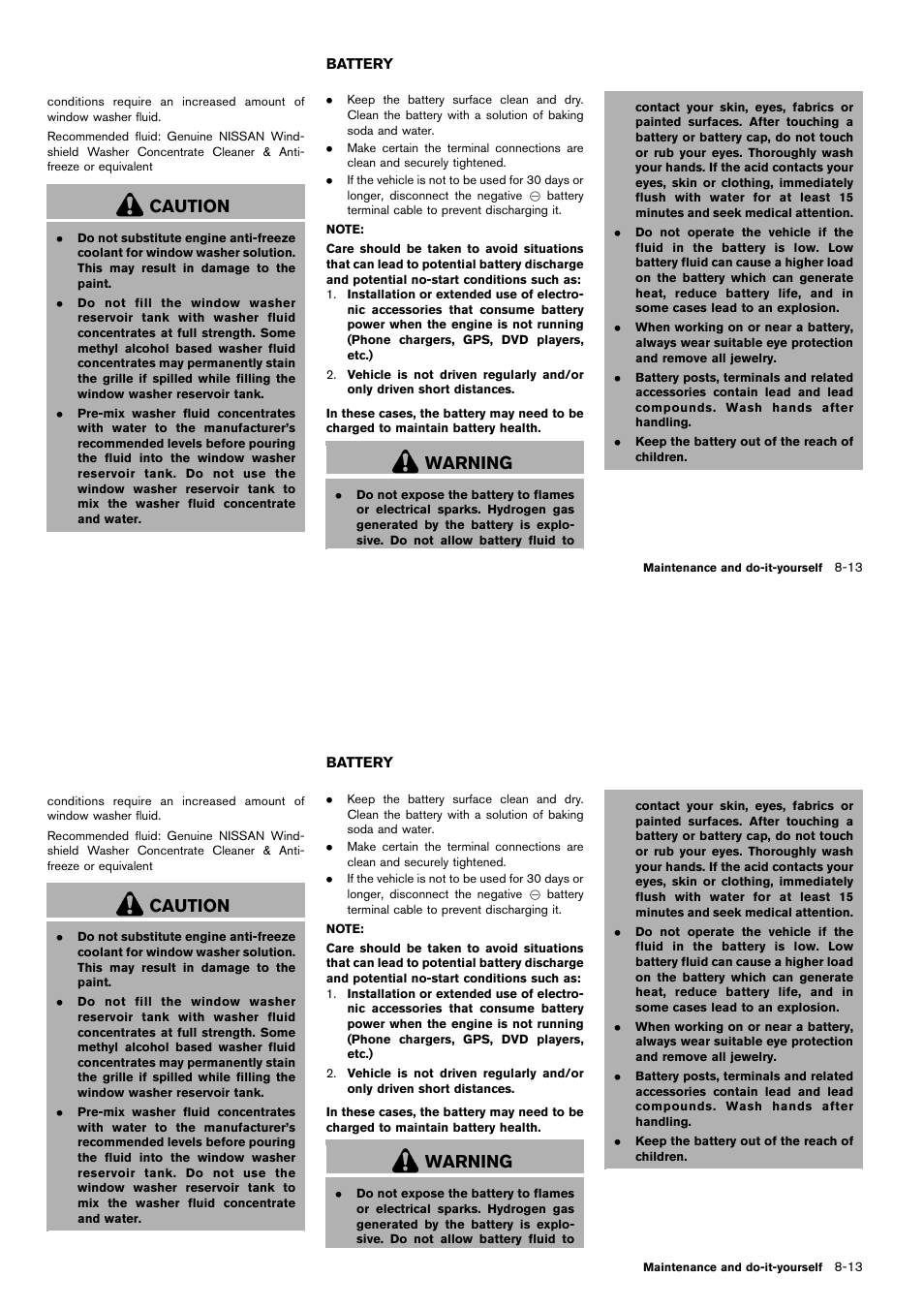 Battery -13, Caution, Warning | NISSAN 2014 Cube - Owner's Manual User Manual | Page 276 / 332