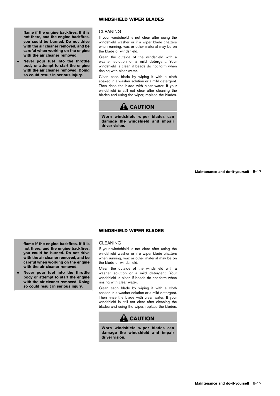 Windshield wiper blades -17, Cleaning -17, Caution | NISSAN 2014 Cube - Owner's Manual User Manual | Page 280 / 332