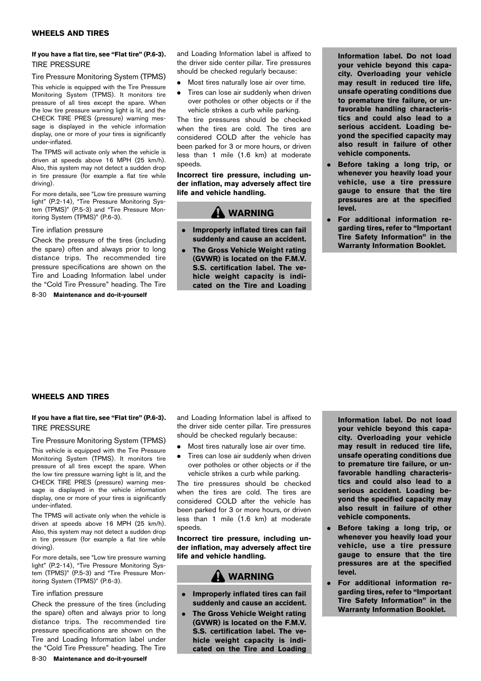 Wheels and tires -30, Tire pressure -30, Warning | NISSAN 2014 Cube - Owner's Manual User Manual | Page 293 / 332