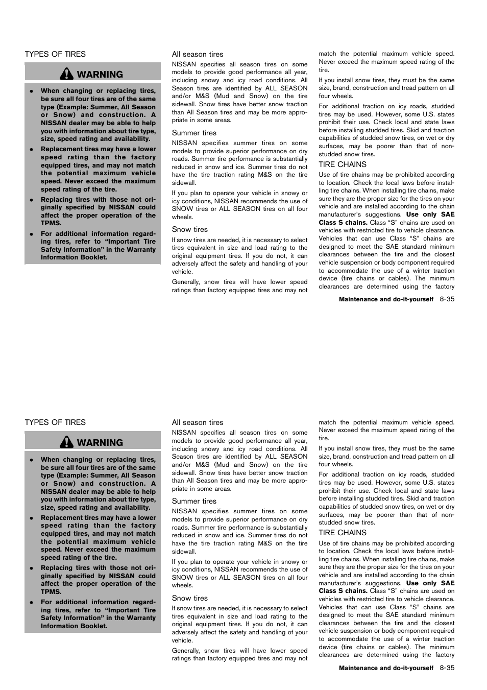 Types of tires -35 tire chains -35, Warning | NISSAN 2014 Cube - Owner's Manual User Manual | Page 298 / 332