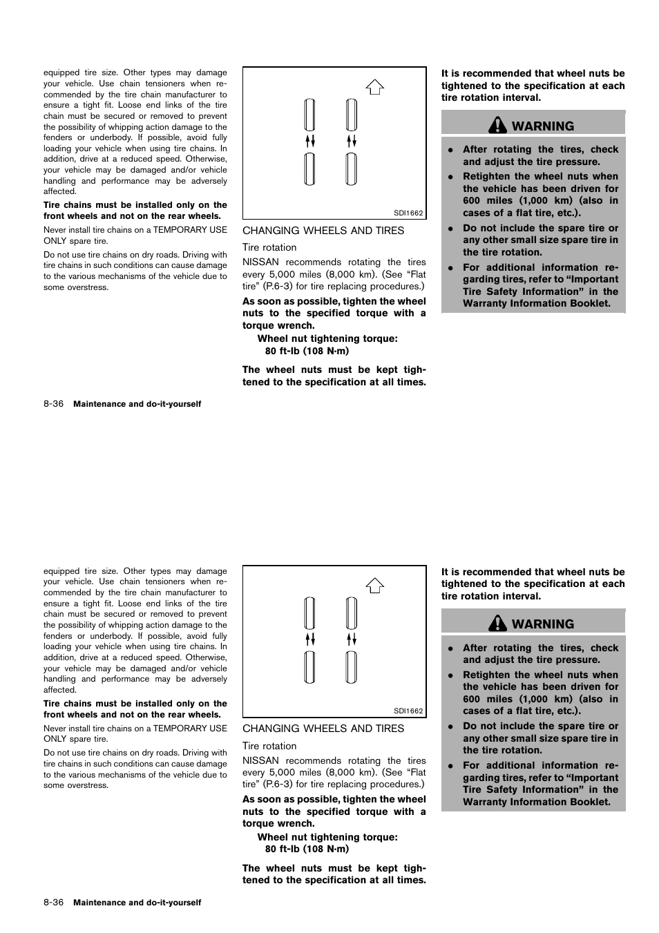 Changing wheels and tires -36, Warning | NISSAN 2014 Cube - Owner's Manual User Manual | Page 299 / 332