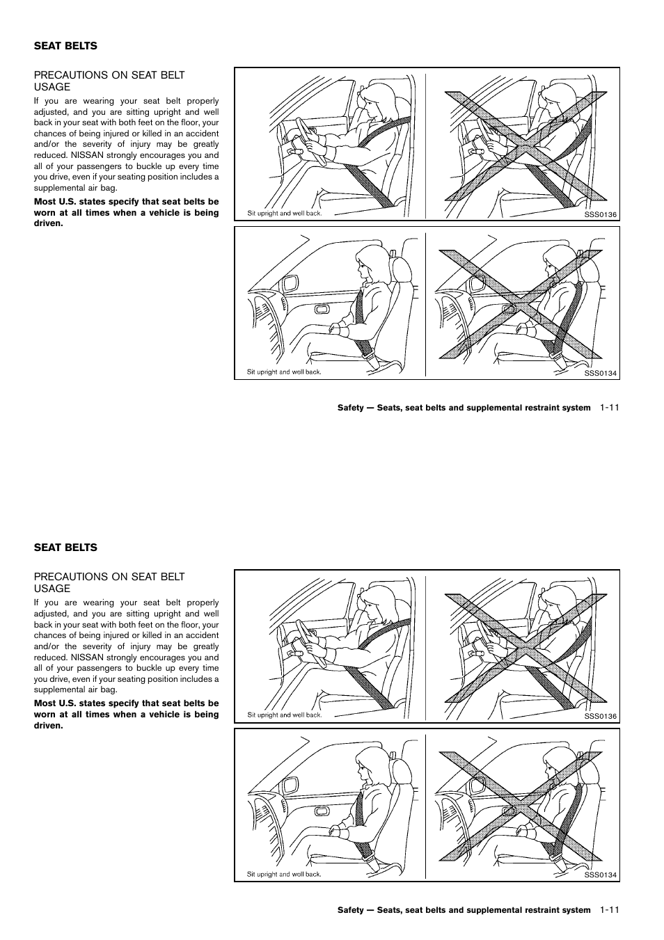 Seat belts -11, Precautions on seat belt usage -11 | NISSAN 2014 Cube - Owner's Manual User Manual | Page 30 / 332