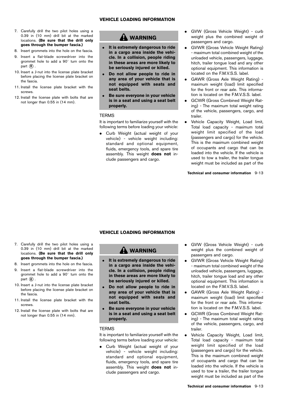 Vehicle loading information -13, Terms -13, Warning | NISSAN 2014 Cube - Owner's Manual User Manual | Page 316 / 332