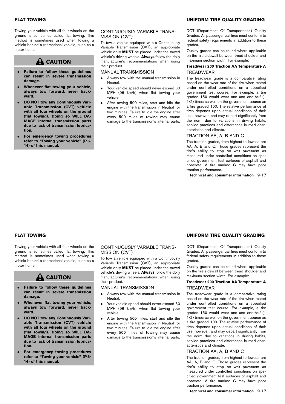 Flat towing -17, Uniform tire quality grading -17, Treadwear -17 traction aa, a, b and c -17 | Caution | NISSAN 2014 Cube - Owner's Manual User Manual | Page 320 / 332