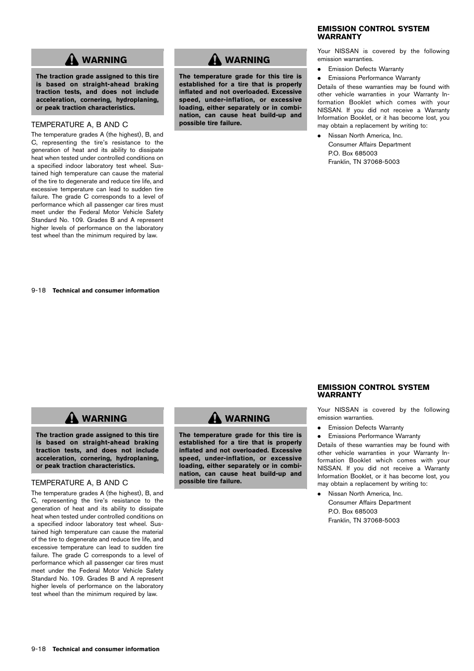Temperature a, b and c -18, Emission control system warranty -18, Warning | NISSAN 2014 Cube - Owner's Manual User Manual | Page 321 / 332