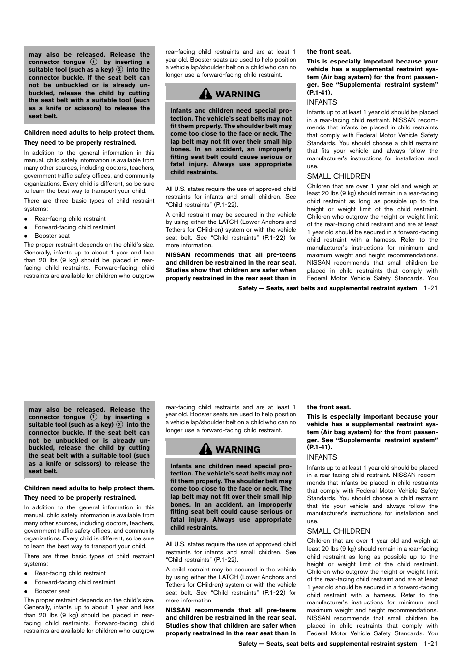 Infants -21 small children -21, Warning | NISSAN 2014 Cube - Owner's Manual User Manual | Page 40 / 332