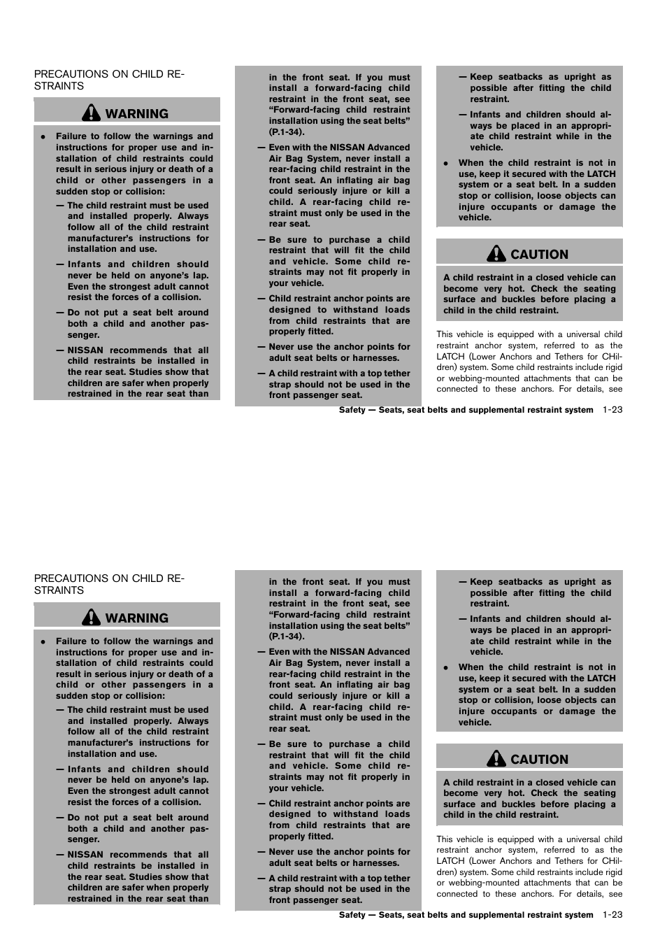 Precautions on child restraints -23, Warning, Caution | NISSAN 2014 Cube - Owner's Manual User Manual | Page 42 / 332
