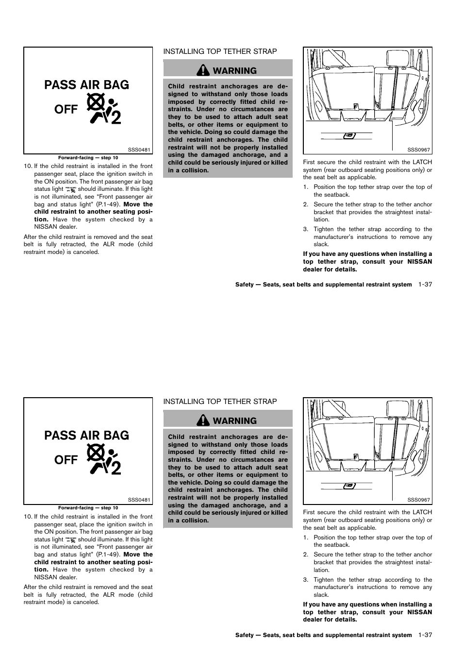 Installing top tether strap -37, Warning | NISSAN 2014 Cube - Owner's Manual User Manual | Page 56 / 332