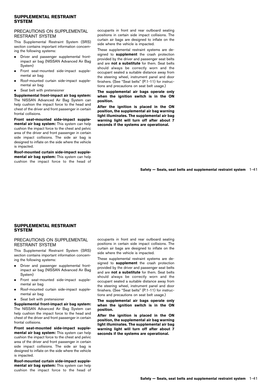Supplemental restraint system -41, Precautions on supplemental restraint system -41 | NISSAN 2014 Cube - Owner's Manual User Manual | Page 60 / 332