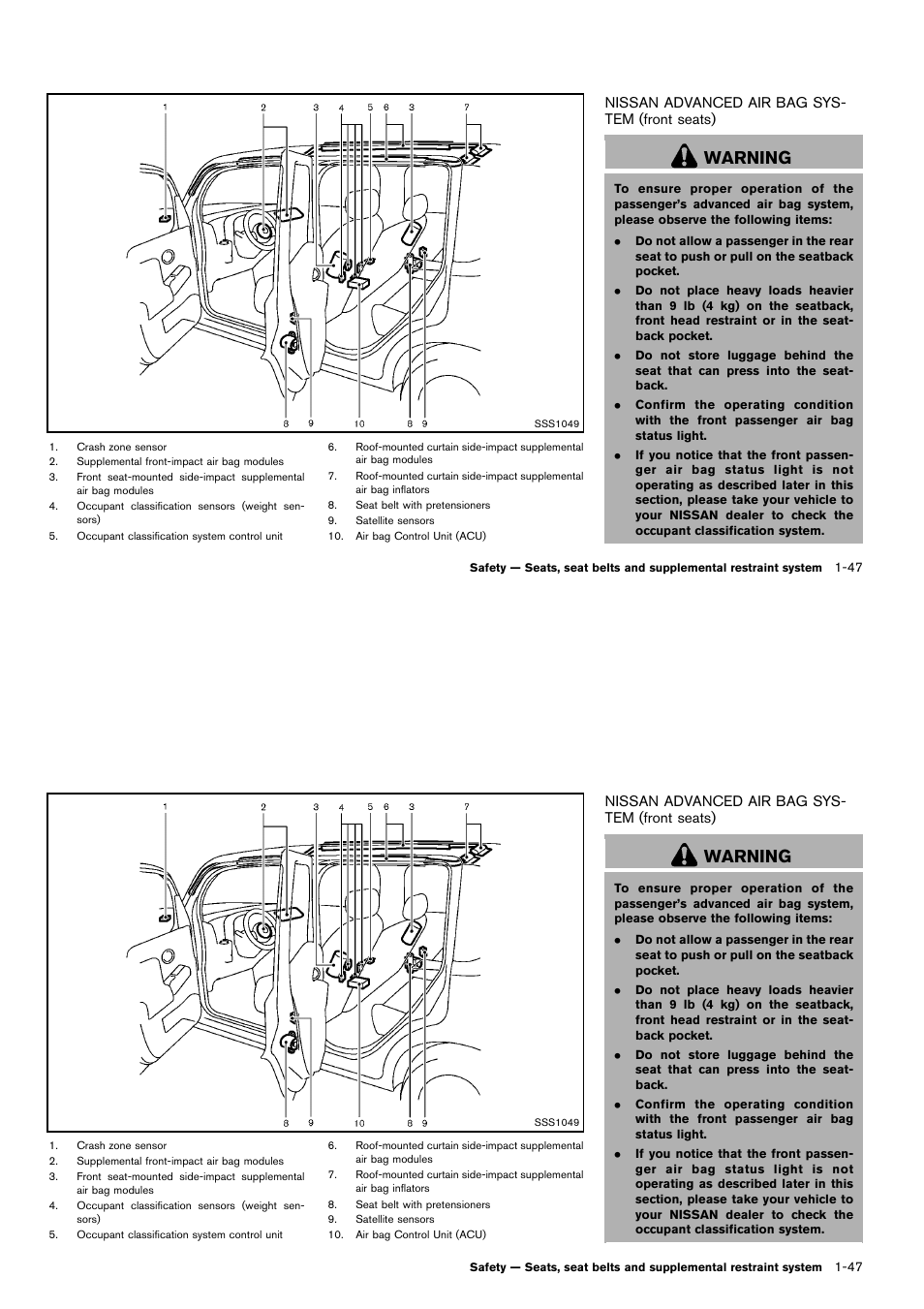 Nissan advanced air bag system (front seats) -47, Warning | NISSAN 2014 Cube - Owner's Manual User Manual | Page 66 / 332