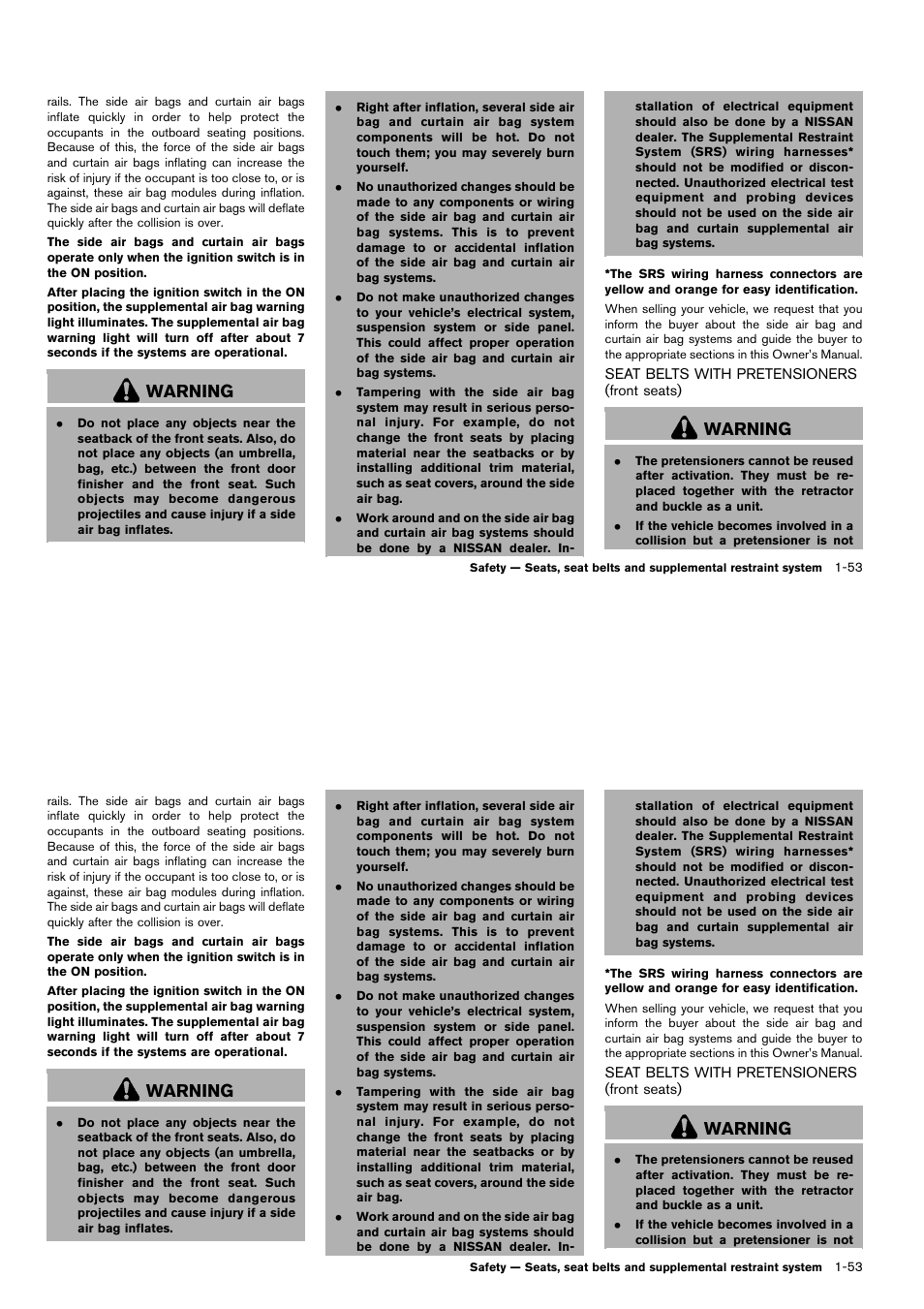 Seat belts with pretensioners (front seats) -53, Warning | NISSAN 2014 Cube - Owner's Manual User Manual | Page 72 / 332