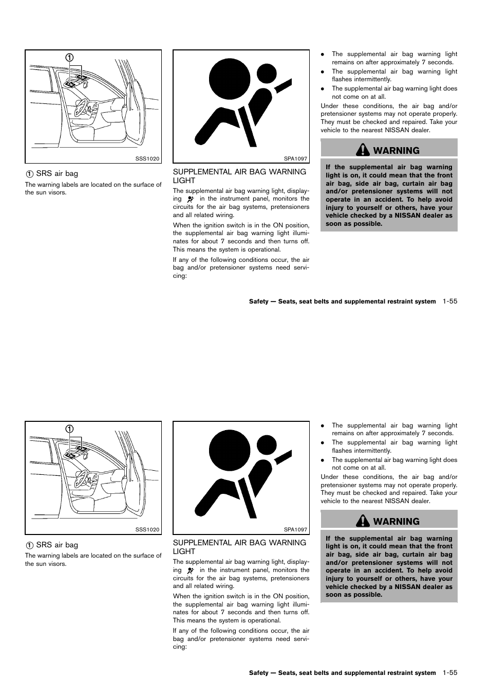 Supplemental air bag warning light -55, Warning | NISSAN 2014 Cube - Owner's Manual User Manual | Page 74 / 332