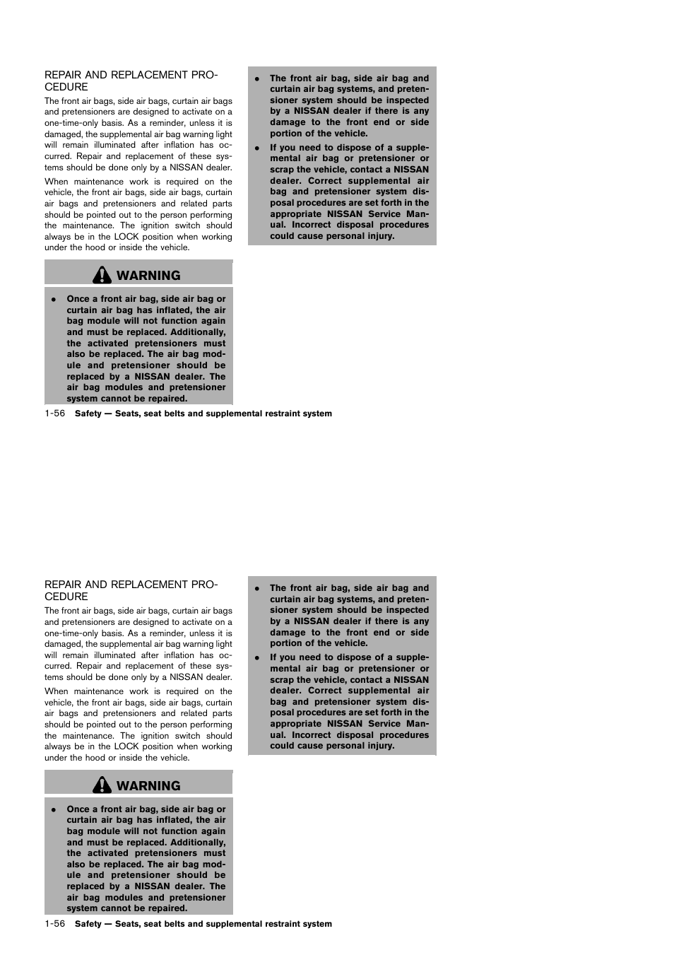 Repair and replacement procedure -56, Warning | NISSAN 2014 Cube - Owner's Manual User Manual | Page 75 / 332