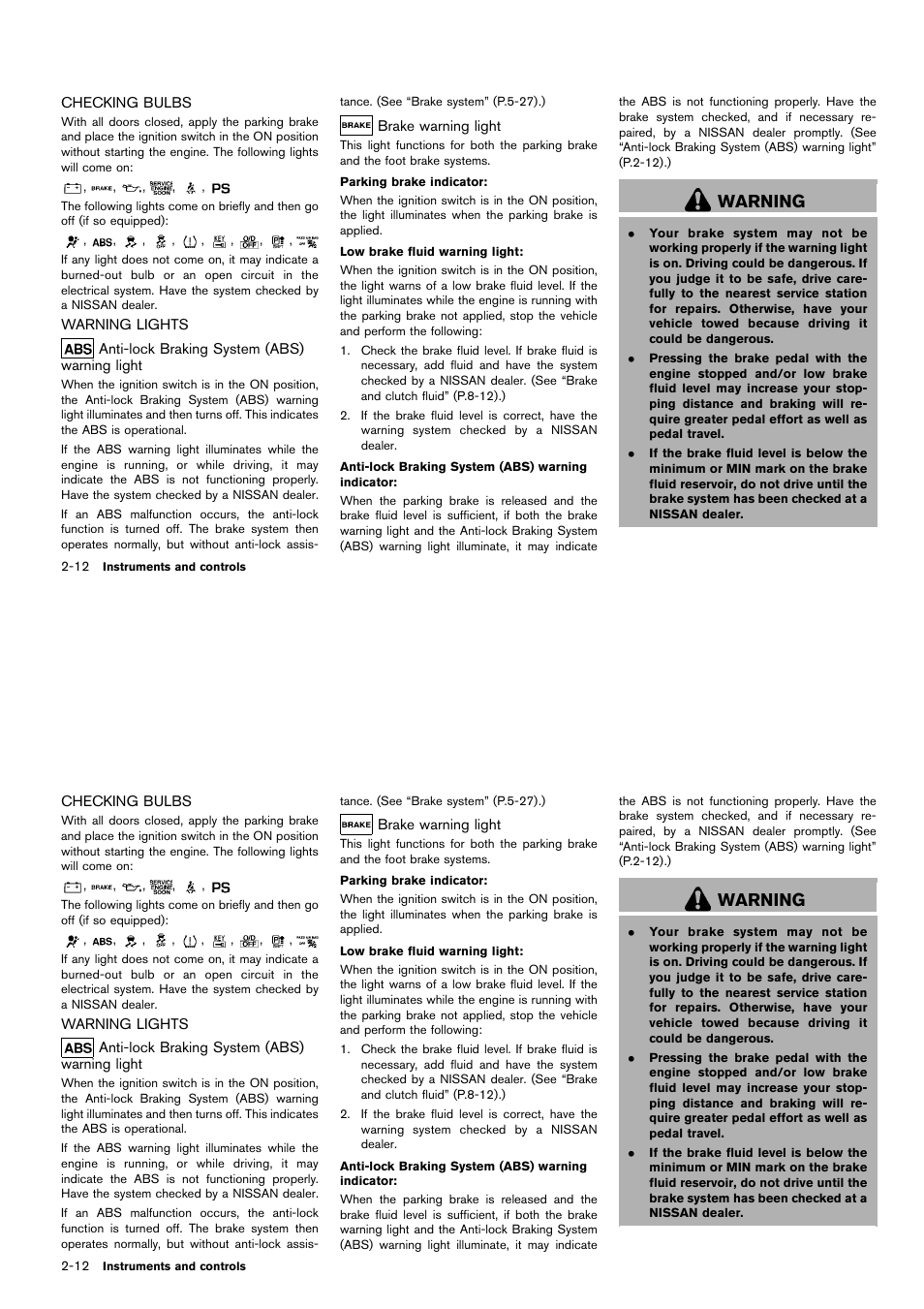 Checking bulbs -12 warning lights -12, Warning | NISSAN 2014 Cube - Owner's Manual User Manual | Page 87 / 332