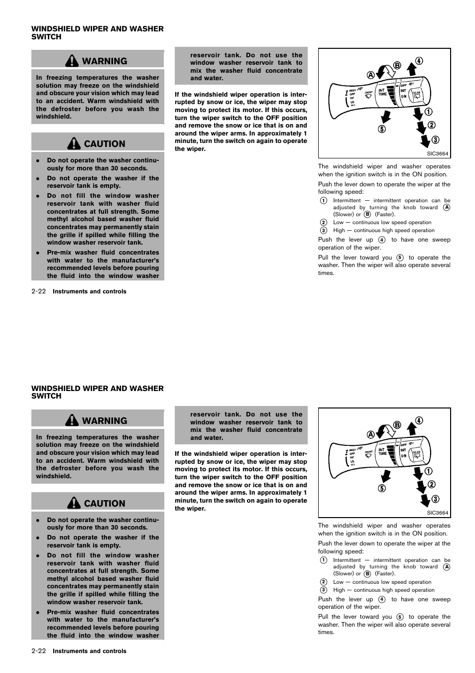 Windshield wiper and washer switch -22, Warning, Caution | NISSAN 2014 Cube - Owner's Manual User Manual | Page 97 / 332