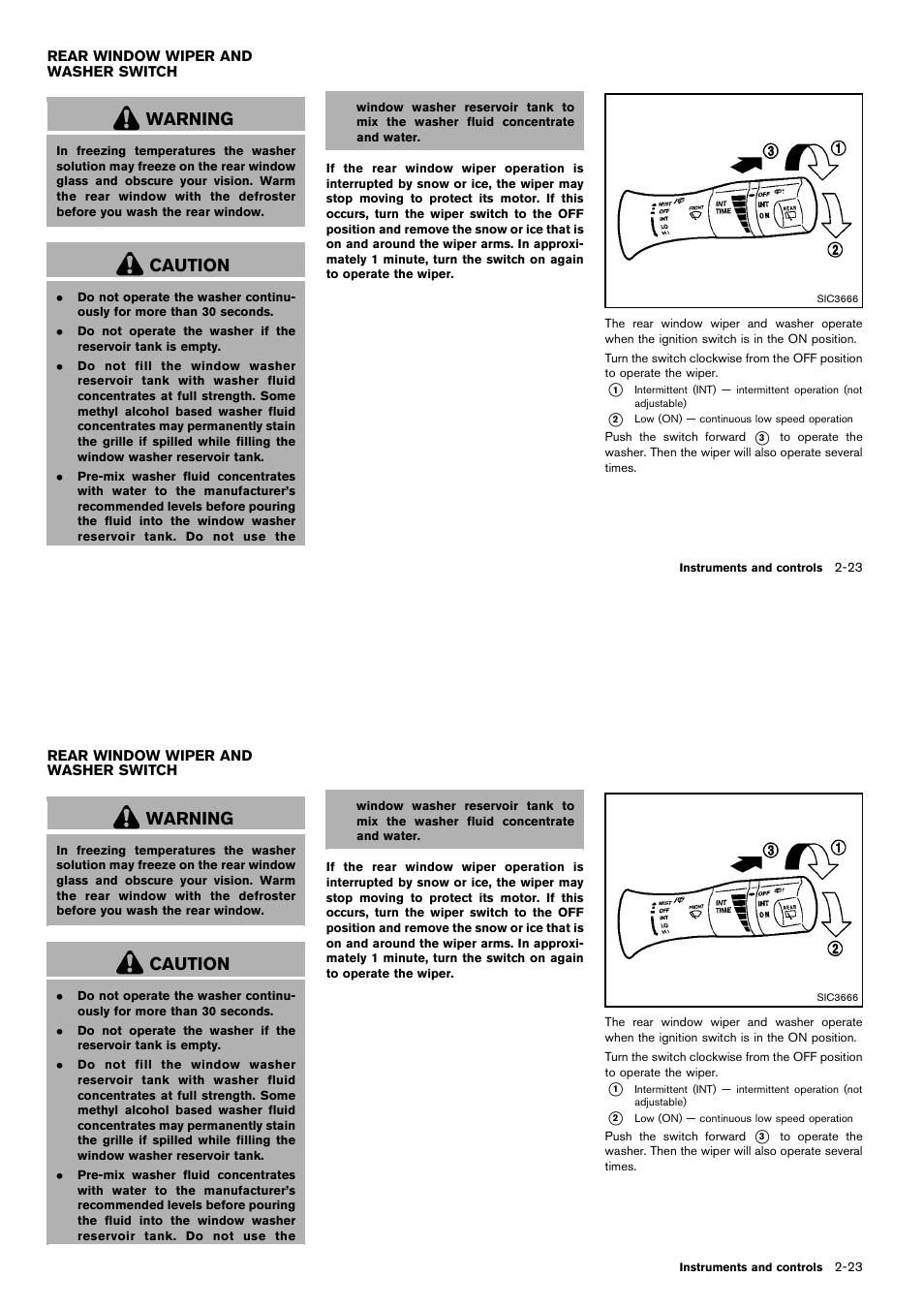 Rear window wiper and washer switch -23, Warning, Caution | NISSAN 2014 Cube - Owner's Manual User Manual | Page 98 / 332