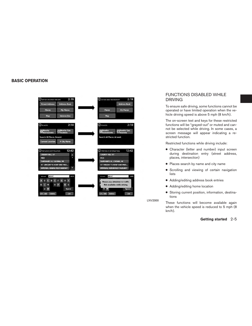 Basic operation -5, Functions disabled while driving -5 | NISSAN 2014 JUKE - Navigation System Owner's Manual User Manual | Page 13 / 82