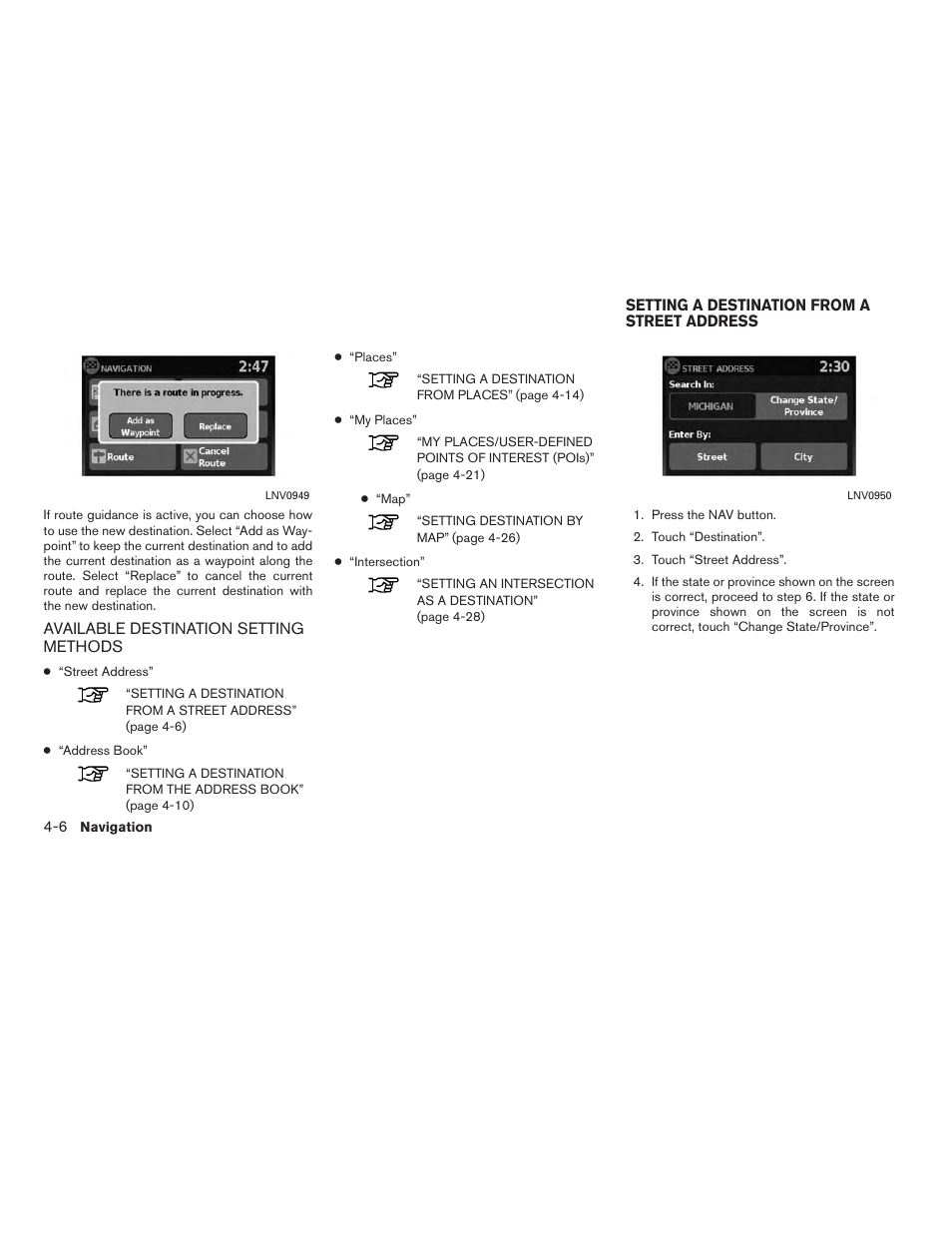 Available destination setting methods -6, Setting a destination from a street address -6 | NISSAN 2014 JUKE - Navigation System Owner's Manual User Manual | Page 34 / 82