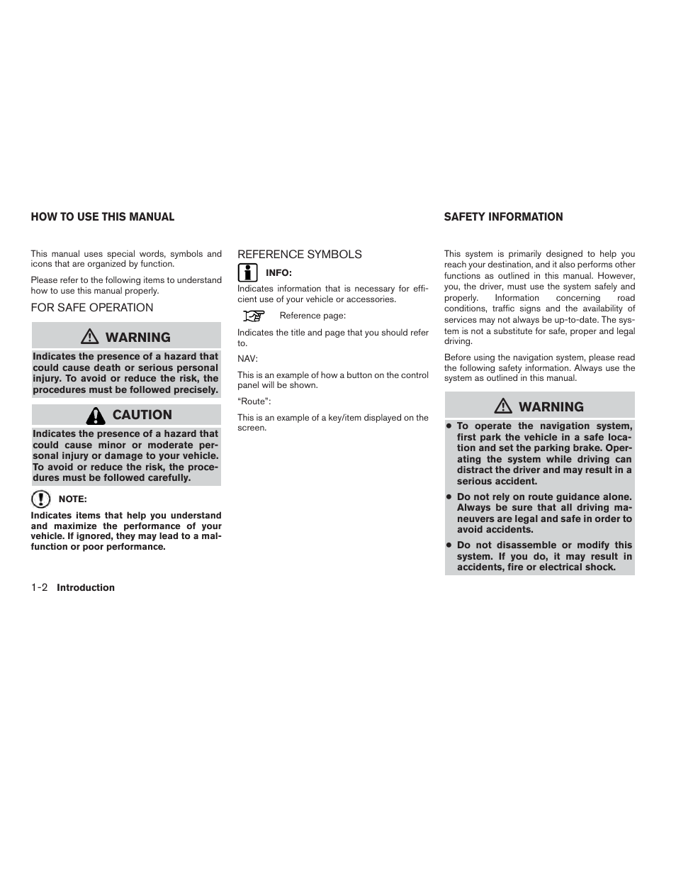 How to use this manual -2, For safe operation -2 reference symbols -2, Safety information -2 | Warning, Caution | NISSAN 2014 JUKE - Navigation System Owner's Manual User Manual | Page 6 / 82