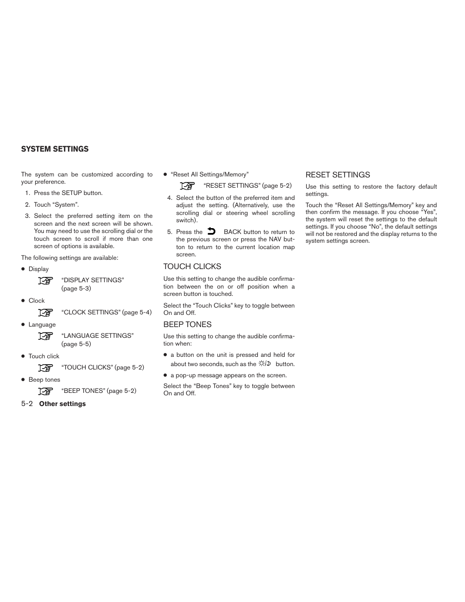 System settings -2, Touch clicks -2 beep tones -2 reset settings -2 | NISSAN 2014 JUKE - Navigation System Owner's Manual User Manual | Page 62 / 82