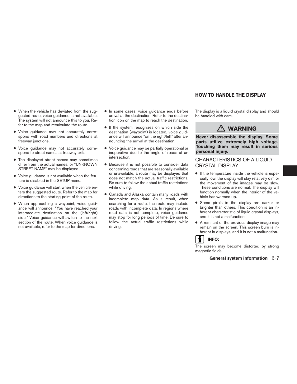 How to handle the display -7, Characteristics of a liquid crystal display -7, Warning | NISSAN 2014 JUKE - Navigation System Owner's Manual User Manual | Page 73 / 82
