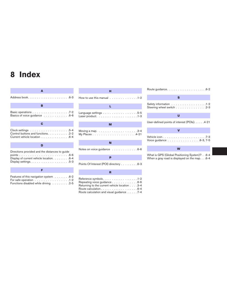 Index, 8 index | NISSAN 2014 JUKE - Navigation System Owner's Manual User Manual | Page 81 / 82