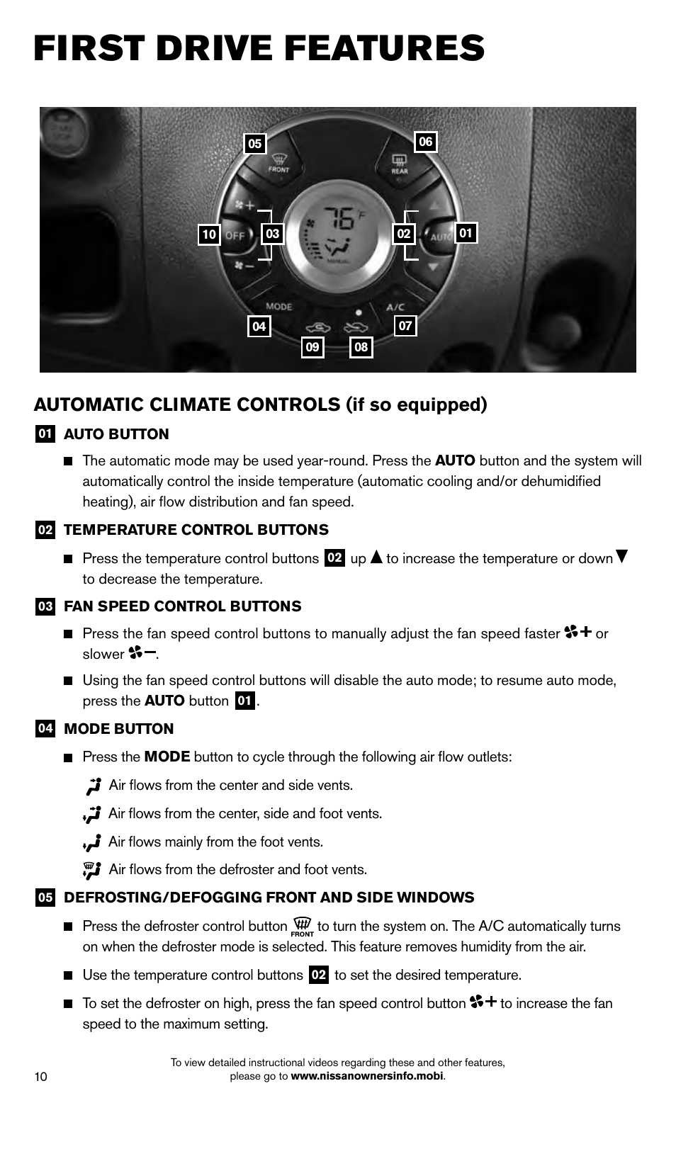First drive features, Automatic climate controls (if so equipped) | NISSAN 2014 Cube - Quick Reference Guide User Manual | Page 12 / 20