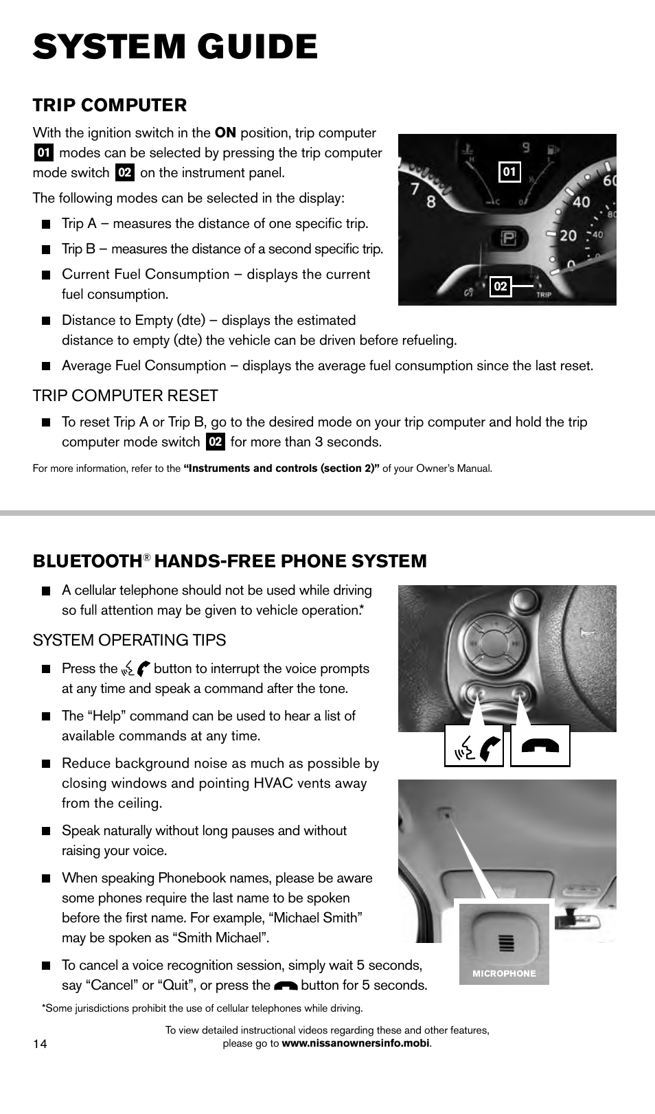 System guide, Trip computer, Bluetooth | Hands-free phone system | NISSAN 2014 Cube - Quick Reference Guide User Manual | Page 16 / 20
