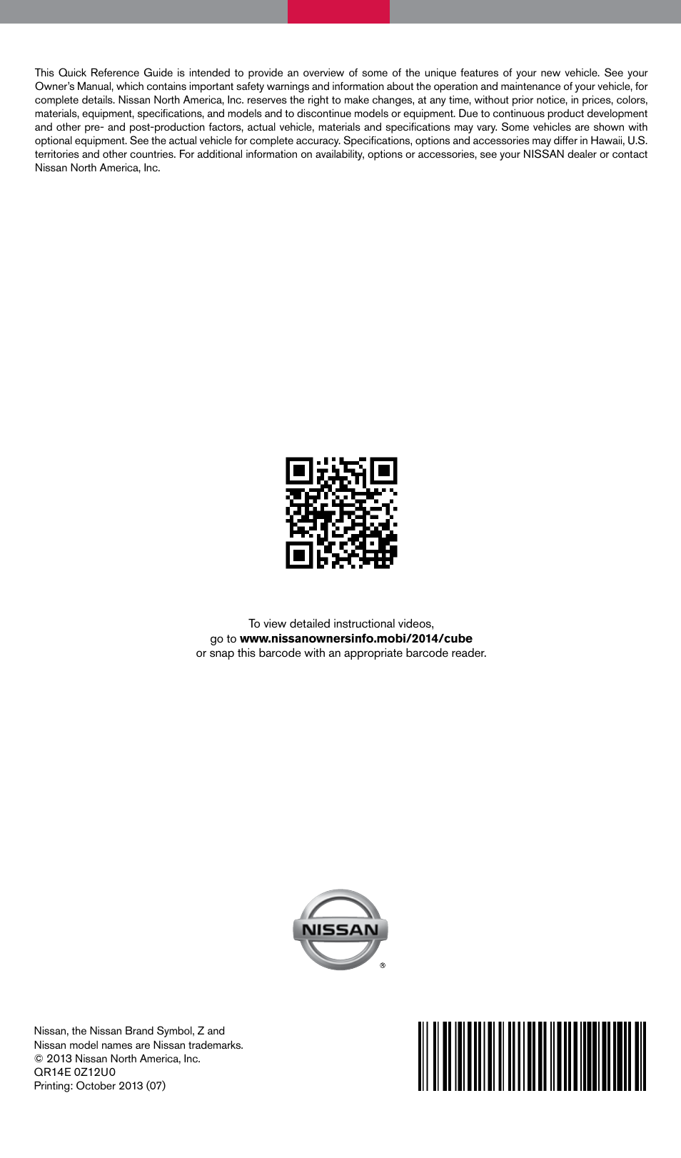 NISSAN 2014 Cube - Quick Reference Guide User Manual | Page 20 / 20