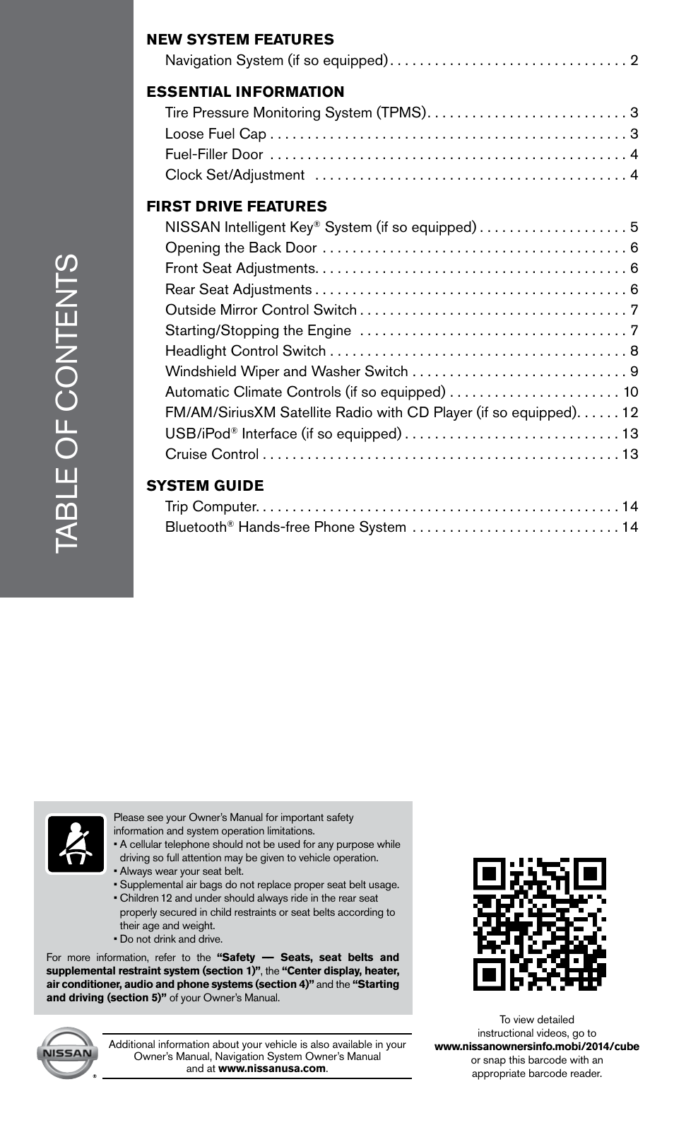 NISSAN 2014 Cube - Quick Reference Guide User Manual | Page 3 / 20