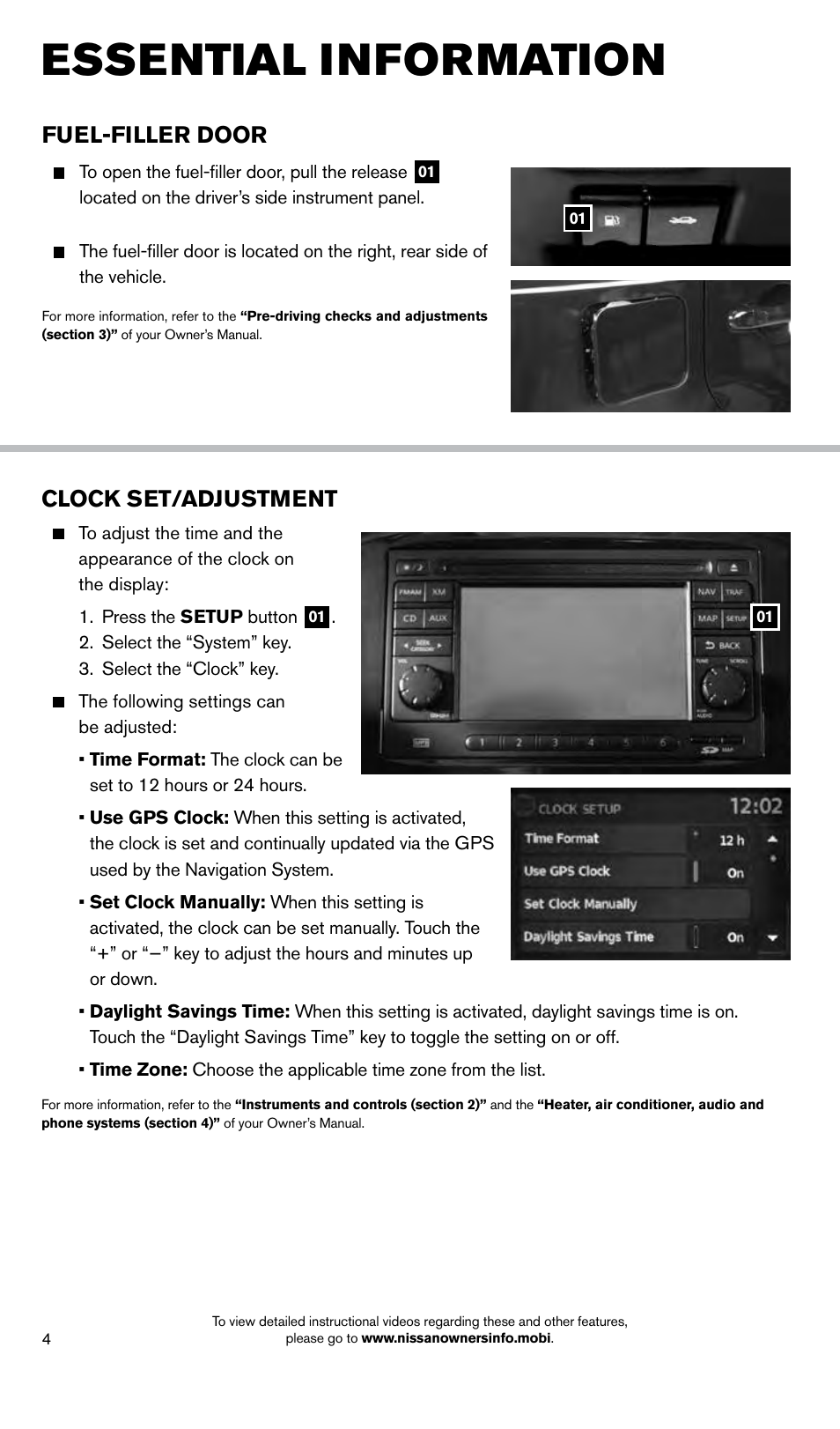 Essential information, Fuel-filler door, Clock set/adjustment | NISSAN 2014 Cube - Quick Reference Guide User Manual | Page 6 / 20