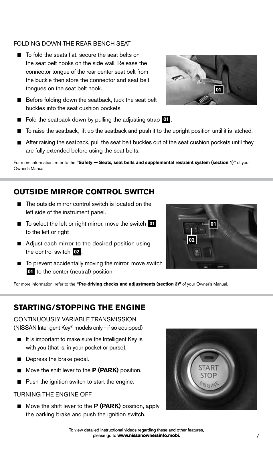 Outside mirror control switch, Starting/stopping the engine | NISSAN 2014 Cube - Quick Reference Guide User Manual | Page 9 / 20