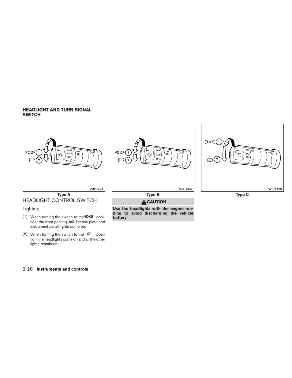 Headlight and turn signal switch -28, Headlight control switch -28 | NISSAN 2011 Frontier - Owner's Manual User Manual | Page 125 / 377