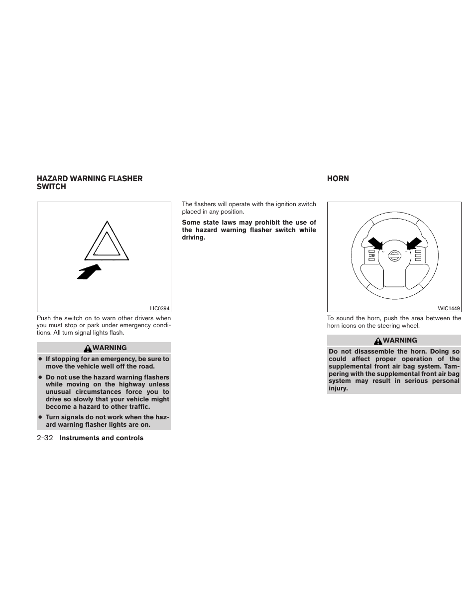 Hazard warning flasher switch -32 horn -32 | NISSAN 2011 Frontier - Owner's Manual User Manual | Page 129 / 377