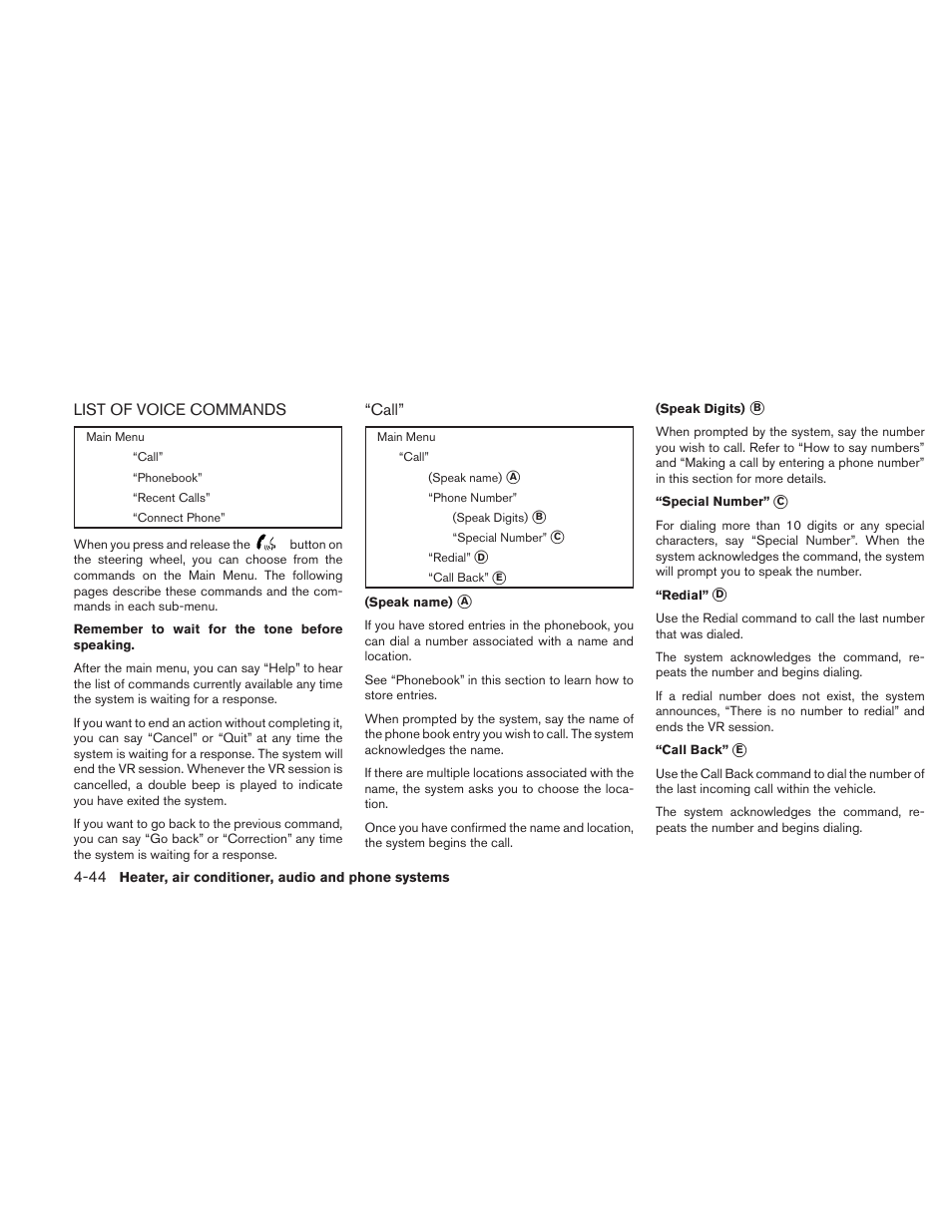 List of voice commands -44 | NISSAN 2011 Frontier - Owner's Manual User Manual | Page 217 / 377