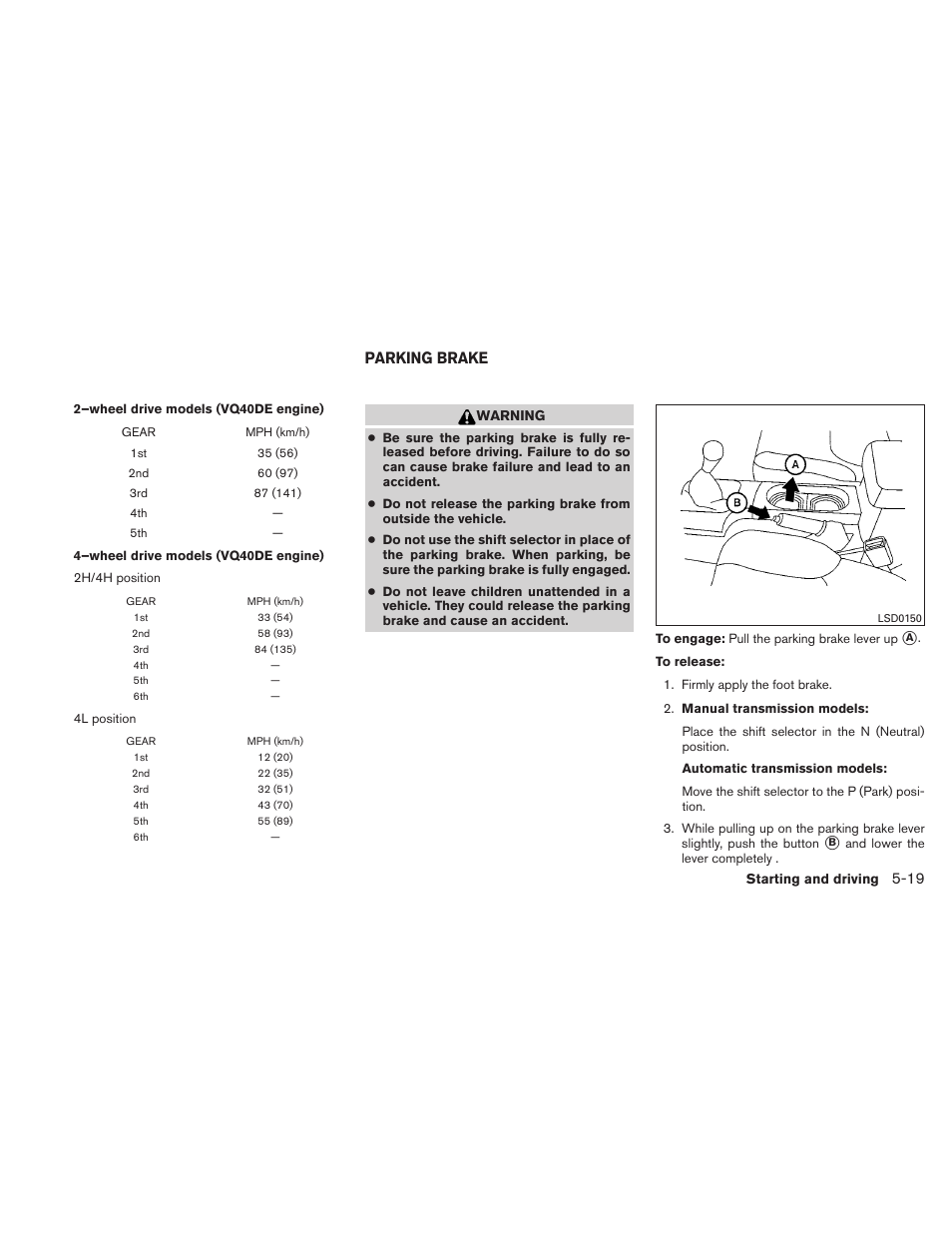 Parking brake -19, Parking brake | NISSAN 2011 Frontier - Owner's Manual User Manual | Page 244 / 377